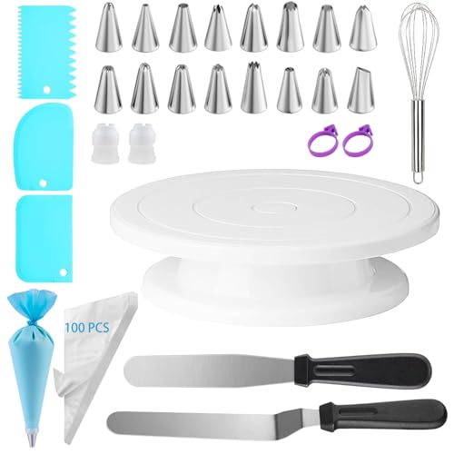 124 PCS Cake Decorating Kit with Cake Stand Turntable, Piping Bags and Tips Set, 100+1 Piping Bags, 12 Icing Piping Tips, 3 Scrapers, 2 Spatulas, Manual Egg Whisk, Baking Supplies for Cake Lovers - size: 11inch-124pcs
