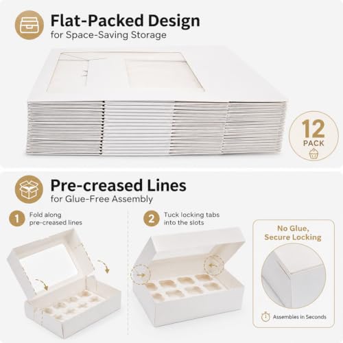 12PCS Cupcake Boxes with Window & Insert 500PCS Thank You Sticker