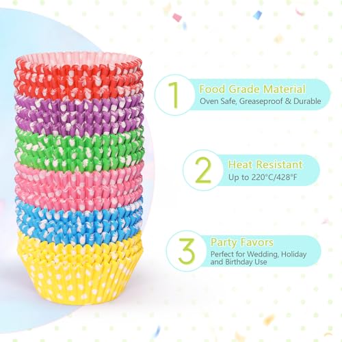 Standard Cupcake Liners 450 Count, Cute Polka Dots Paper Baking Cups Food Grade Disposable Cupcake Wrappers Rainbow Muffin Cups for Wedding Birthday Tea Party Baking Supplies - size: Standard Size