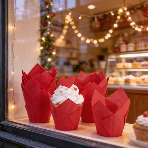 Valentine's Day 250Pcs Tulip Cupcake Liners,Parchment Paper Cupcake Liner - color: Red