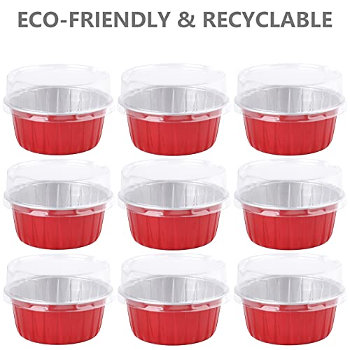 DEAYOU 100 Pack Aluminum Foil Cupcake Liners with Lids, 5oz Round Ramekin Baking Cups, Disposable Tart Pie Tin Pan Holder, Mini Cake Containers for Pudding, Party, Wedding, Oven Freezer Safe, Red