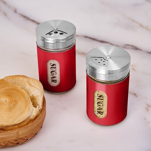 Sugar Shaker Duster Stainless Steel and Glass Set with Adjustable Pour Holes Cinnamon Shaker For Coffee Bar,set of 2 (Red) - color: Red