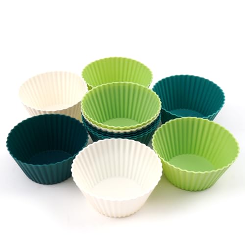 12 Pack Silicone Baking Cups, 4 Colors Reusable Non-Stick Muffin Liners, Heat-Resistant Cupcake Molds for Oven, Green - color: Green