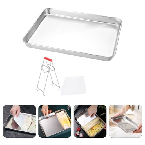 BESTOYARD Stainless Steel Rice Roll Tray Rectangular Steamer Pan 10.43 X 8.07 X 0.47 in Flat-Bottom Baking Sheet with Gripper and Scraper for Homemade Rice Noodles Serving and Kitchen Use