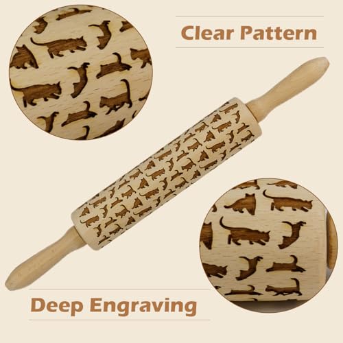 Embossed Rolling Pin for Baking Cookies Embossing Rolling Pins with Design Wooden Engraved Springerle Roller Pin Dough Animal Patterned Clay Pottery Ceramic Stamp Mold Gifts Bakers Women (Cat) - color: Kitty Cat