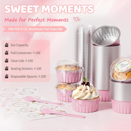 100 Pack Mini Cake Pans with Lids and Spoons Mini Aluminum Foil Baking Cups