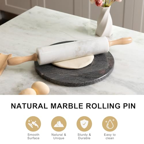 Koville White Marble Rolling Pin With Wooden Handles & Wood Cradle, 18 Inch Polished Marble Rolling Pins For Making Pizza Dough, Dough Roller For Pie Crust, Cookie, Pasta, Ergonomic Handles - color: Namib Fantasy White