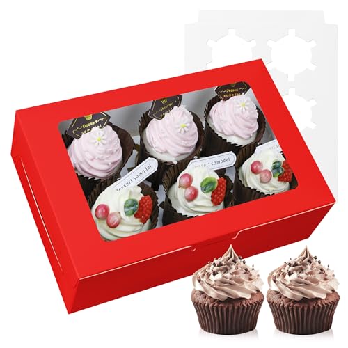 10-Set Cupcake Boxes Bulk with Clear Display Window Hold 6 Standard Cupcakes, Disposable Food Grade Red Cupcake Carrier Cupcake Container, Perfect for Cupcakes Muffins Cookies Pastries