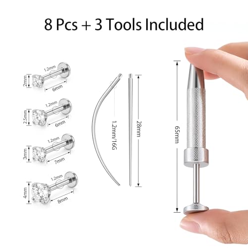 16G 18G Flat Back Earrings Stud 316L Surgical Stainless Steel Internal Thread Piercing Jewelry for Helix, Cartilage, Tragus, Nose, Labret – with Ball Grabber Tool - color: Silver：16G Bar-6/6/7/8mm & CZ-2/2.5/3/4mm