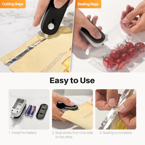 ODSD 2 in 1 Mini Bag Sealer - Heat Seal and Cutter with Lanyard, Portable Handheld Chip Bag Sealer for Snacks, Candies, Food Storage (Batteries Included) - color: Black/White