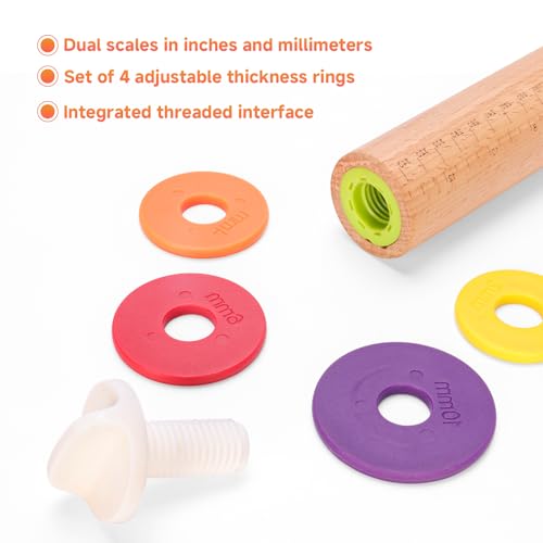13.6" Adjustable Wooden Rolling Pin with 4 Multicolored Thickness Rings
