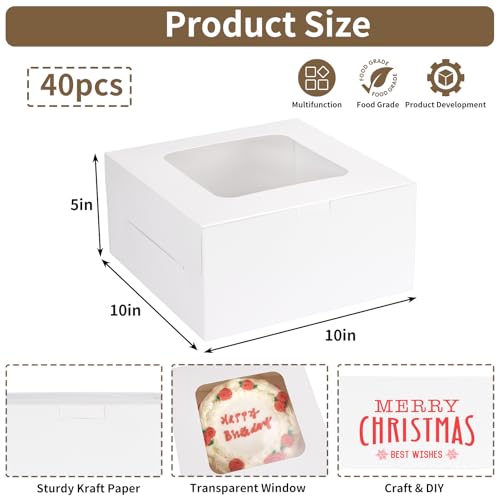Moretoes 40pcs Cake Boxes, 10x10x5 Inch White Bakery Boxes with Window for Valentine's Day, Mother's Day, Pastries, Cookies, Pie, Cupcakes - size: D-40pcs-10*10*5in