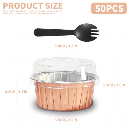 50Pcs Mini Aluminum Foil Cupcake,5oz Champagne Baking Cups with Lid - color: Champagne
