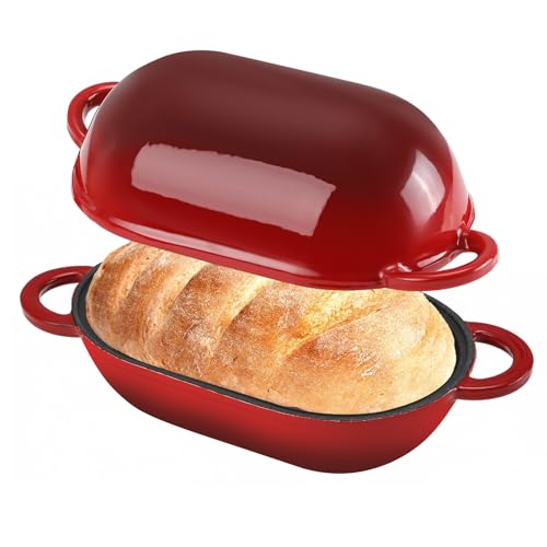 5 QT Enameled Cast Iron Sourdough Bread Oven, Loaf Pan with Lid - color: Red, size: 5 QT