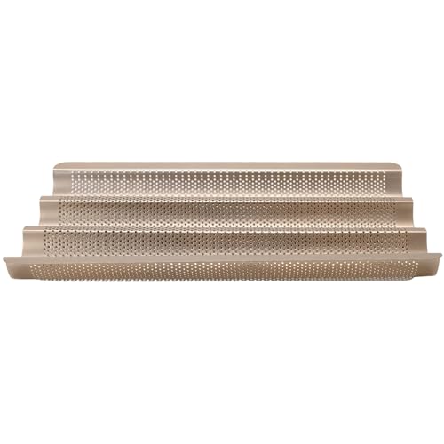 MOUYAT 3 PCS Baguette Bread Pans, 15.2 x 11.2 Inch Gold Carbon Steel 3 Cavity Bread Baking Pans, Nonstick Baguette Bread Loaf Pans for Long Shaped Bread Baking