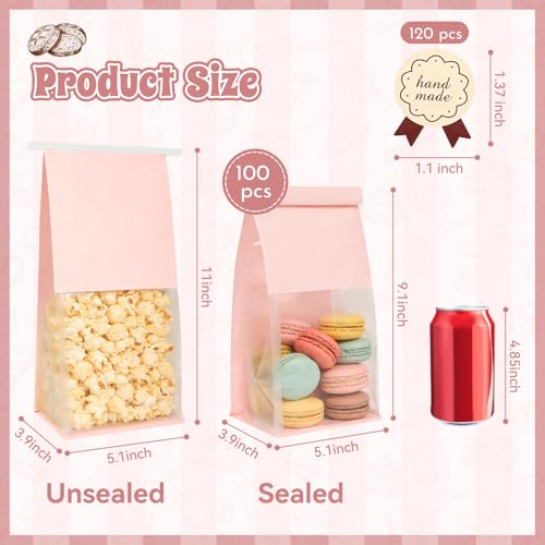 100 Pack Pink Bakery Bags with Window, 5.1x3.9x11 Inches Paper Bread Bags - size: Medium