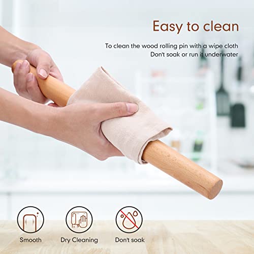 Wood French Rolling Pin for Baking, QUELLANCE Wooden Dough Roller with Silicone Baking Mat, Beech Wood Rolling Pins for Baking Dough, Pizza, Pie, Pastries, Pasta and Cookies,Blue Pastry Mat - size: BL-16 inch