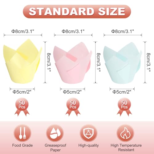 uxcell 150Pcs Tulip Baking Cups Cupcake Muffins Liners Paper Greaseproof Wrappers for Wedding Birthday Party Festivals Christmas(3.1" x 2", Light Blue/Light Yellow/Pink) - color: Light Blue/Light Yellow/Pink