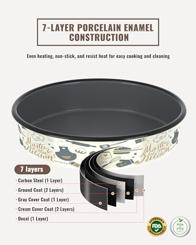 Round Turkey Roasting Pans Set of 4, Enamel Cake Baking Pan for Oven - color: Creamy White Printed Pattern