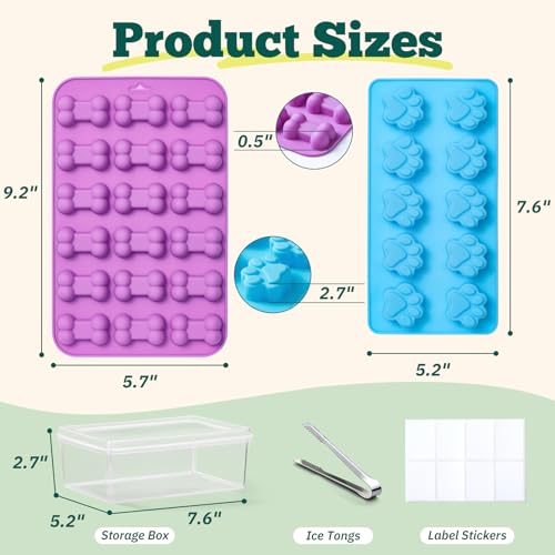 4 Pack Silicone Dog Treat Molds with Container and Ice Tong, Non-stick Puppy Paw and Bone Shaped Set with Bin, Silicone Mold for Pupsicle, Chocolate, Gummy, Candy, Baking, Jelly, Ice Cube, Pudding