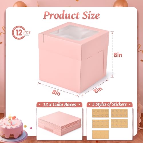 12Pcs 8x8x8 Inches Cake Boxes, Pink Square Bakery Boxes with Window - color: Pink, size: 8x8x8inch