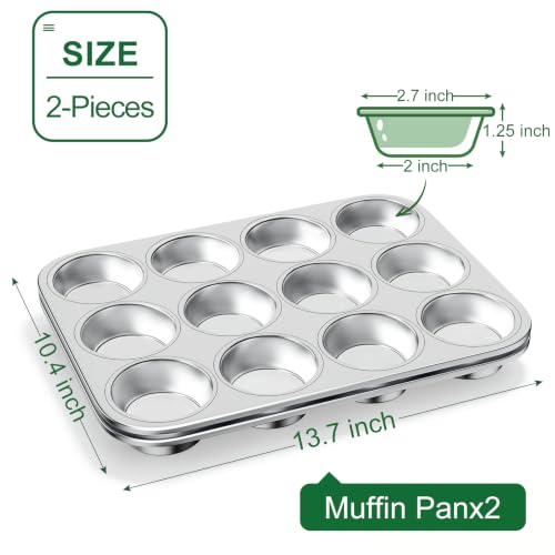 12-Cup Stainless Steel Muffin Pan, Cupcake Pan Metal Muffin Baking Tins for Oven & Dishwasher Safe, Cupcake Pans for Baking Non-toxic & Easy Clean Set of 2 ﻿