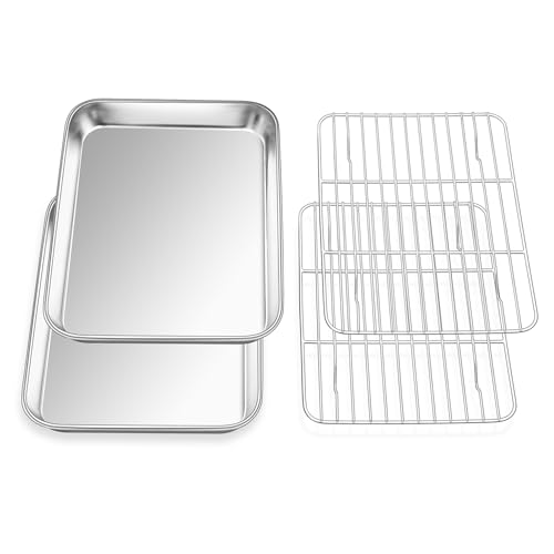 E-far Small Baking Sheet with Wire Rack (2 Pans + 2 Racks), Stainless Steel Cookie Sheets Trays & Cooling Rack for Toaster Oven, Non Toxic & Warp Resistant, Oven & Dishwasher Safe, 9.4 x 7.3 x 1 Inch - size: 9.4''x7.3''