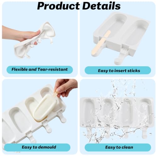 Silicone Popsicle Molds, 2 Pcs White Popsicles Molds, 4 Cavities Ice Cream Mold with 50 Wooden Sticks for Making Cakesicles Fudgesicle Candy DIY Cake Ice Pop Summer Party Supplies - color: White