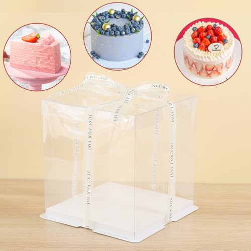 JCD 6Pcs Multi-Layer Tall Cake Boxes Clear Box with Ribbon, 8x8x9 inch,Ideal for 6" Inch Tall Layer Tiered Cakes,Gift Boxes for Wedding Party and Gift Display (Clear Lid, 8 * 8 * 9inch/6Pcs) - size: Clear Lid 8inch/6Pcs