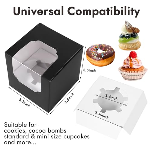 JCD 70 packs Black Cupcake Boxes Individual Cupcake Container 3.5" x 3.5" x 3.5" Auto-Pop up Single cake Box (70 Boxes+70 Inserts) (Black/70Pcs) - color: Black/70Pcs