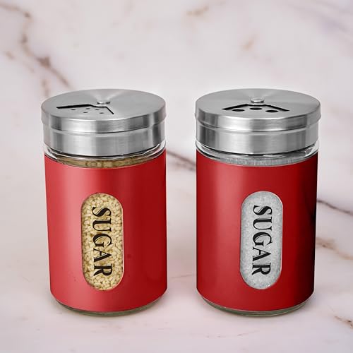 Sugar Shaker Duster Stainless Steel and Glass Set with Adjustable Pour Holes Cinnamon Shaker For Coffee Bar,set of 2 (Red) - color: Red