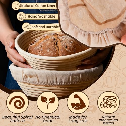 Banneton Bread Proofing Baskets Set Sourdough Starter Kit Sourdough Bread Baking Supplies Making Tools With 9 inch Round Proofing Baskets, Dough Scraper, Whisk, Lame, Recipe - color: Sourdough Starter Kit, size: Sourdough Starter Kit