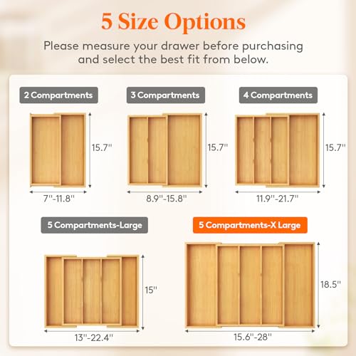Lifewit Bamboo Kitchen Drawer Organizer, Cooking Utensil Silverware Tray - color: Natural, size: 5 Slot(15.6~28''W x 18.5'' D)