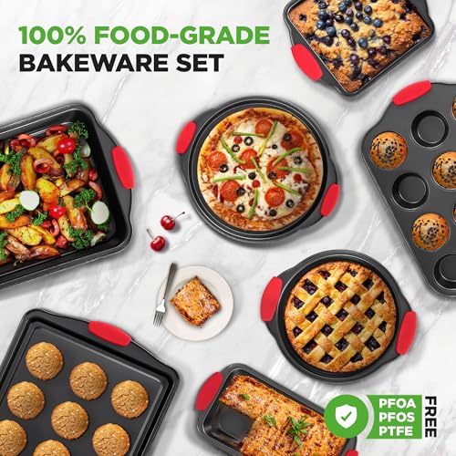 NutriChef Non-Stick Kitchen Oven Baking Pans-Deluxe & Stylish Nonstick Gray Coating Inside Outside, Commercial Grade Restaurant Quality Metal Bakeware with Red Silicone Handles NCSBS8S, 8 Piece Set - size: 8-Piece Set
