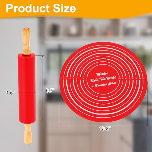 uxcell 6.7 Inch Silicone Rolling Pin and Pastry Baking Mat Set Red - color: Red