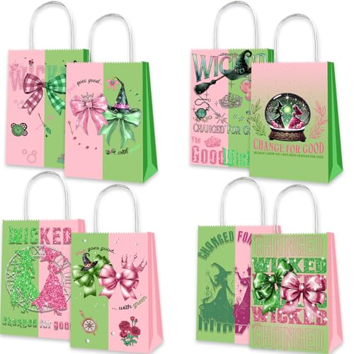 Junyaoii 16pcs Witch theme Dessert Bag, 6.3 * 3 * 8.2inch,Witch paper Bags for Candy Party Favors,Green and Pink gift Bags, Birthday Party Decorations