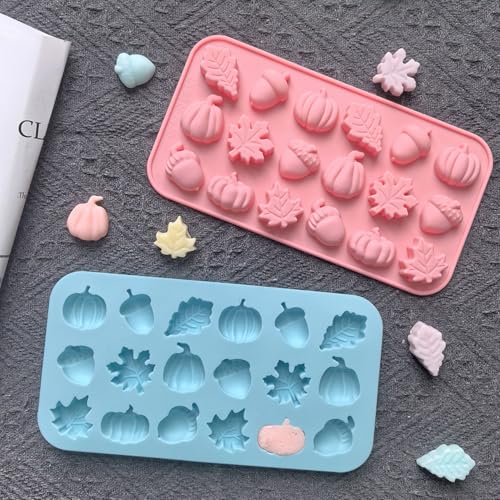 3Pcs 18-Cavity Autumn Harvest Themed Silicone Mold 3D Pumpkin Maple Leaf Chestnut Shaped Chocolate Biscuit Candy Mold, Thanksgiving Silicone Molds for Cake Decoration
