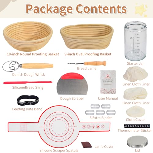 Sourdough Starter Kit with 10" Round & 9" Oval Banneton Proofing Basket and Starter Jar, Complete Sourdough Bread Baking Supplies and Baking Gifts for Women, Men, and Bread Bakers - style: upgraded Bread Proofing Basket Set