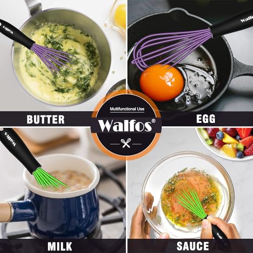 Walfos Whisk,5+7Inch Mini Whisks,Silicone Non Scratch whisk,Heat Resistant(480°F) Small whisks Suitable for stirring individual eggs and mixing small amounts of powder and sauce. Purple & Green - color: 2pcs Purple+ Green; 5+7in