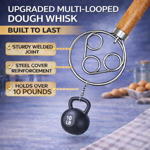Danish Dough Whisk for Sourdough – Thick Stainless Steel Dutch Whisk with Ergonomic Oak Handle – Heavy-Duty Dough Mixer for Bread & Baking - size: Triple Loop