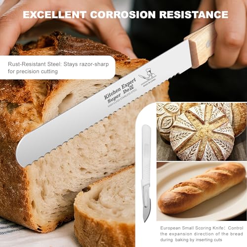 2-Pack Bread Knife & Bread Lame Set: 10" Premium Stainless Steel Serrated Knives Blade with Wood Handle for Homemade Bread, Sourdough Tomato, Bagel + Dough Scoring Tool for Razor Sharp Carving - size: 10 inches