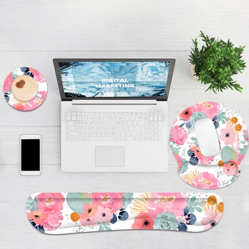 Ergonomic Mouse Pad with Wrist Rest and Keyboard Wrist Rest, Mousepad - color: Pink Floral
