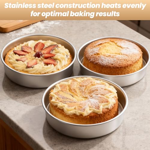 3 Pcs Round Cake Pans, 8 Inch, Stainless Steel