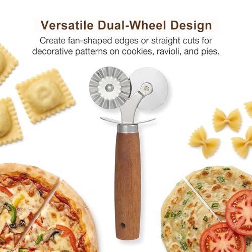 Pie Crimper, Double Headed Pastry Wheel Cutter, Dual-Head Baking Tool, Stainless Steel Ravioli Pasta Dough Cutter, 6.5" Crimper for Pie Crust Cookie Baking for Home and Kitchen Use, Wood Handle