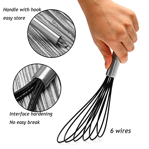 Flat Whisk Set,Stainless Steel 3 Pack 10''+11''+12'' Premium Sturdy-6 Silicone Heads Non Stick Wires Whisk for Blending Beating Stirring Kitchen Cooking by Jell-Cell (Black) - color: Black