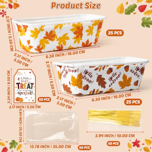 50 Sets Fall Disposable Mini Loaf Pans with Bags Ties Greeting Cards