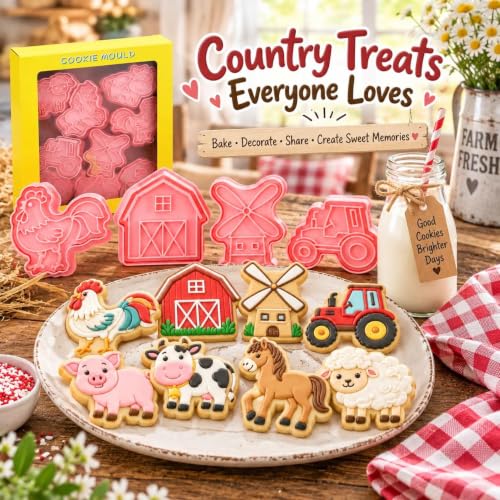 Farm Animal Cookie Cutters, 8-Piece Plastic Stamp Set - color: Farm Animal