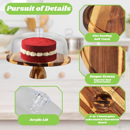 Acacia Wood Cake Stand with Acrylic Lid – 12” Round Wooden Cake Holder, 2-in-1 Serving Tray & Charcuterie Board for Cheese, Dessert, Fruit, Snacks & Party Display