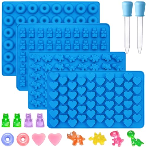 Sidosir 4Pcs Gummy Candy Bear Molds, Non-stick Silicone Chocolate Mold for Dinosaur, Donut, Heart, Silicone Candy Molds with 2 Droppers - color: 4Shapes+2Droppers