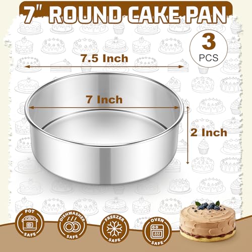 E-far 7 Inch Cake Pan Set of 3, Stainless Steel Round Baking Pans Tins - size: 7 x 2 Inch